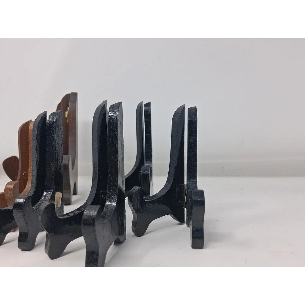 Hinged Easel Plate Holders Wooden Folding Set of 7 Black/brown. Q